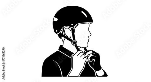 A simple black and white illustration of a cyclist fastening their helmet