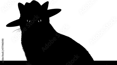 Silhouette of a feline in a cowboy hat, with piercing eyes and whiskers, on a white background