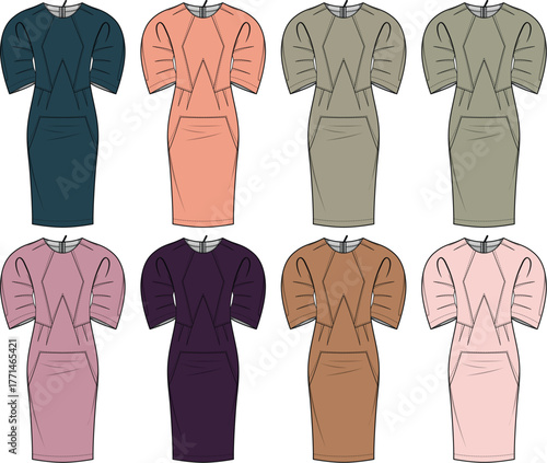 Collection of Technical Fashion Flats Showcasing a Modern Women's Dress Design with Distinctive Sleeve and Bodice Details in a Diverse Palette of Eight Color Variations
