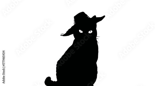 A silhouette of a cat wearing a hat, sitting with glowing eyes. Solid black shape against white