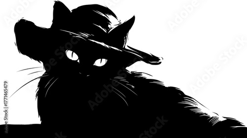 A detailed monochrome illustration depicts a cat silhouette, with bright eyes peeking from under a hat