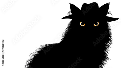 A silhouetted, furry creature with bright orange eyes and a fedora hat stares out from the frame