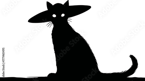 A silhouetted cat with exaggerated features, wearing a hat, sitting against a white backdrop