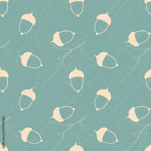 Textile pastel pattern with Oak branches and acorn nuts. On blue pastel background.