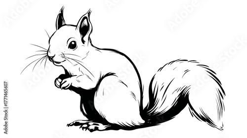 A stylized monochrome illustration depicts a squirrel in profile, facing left, standing