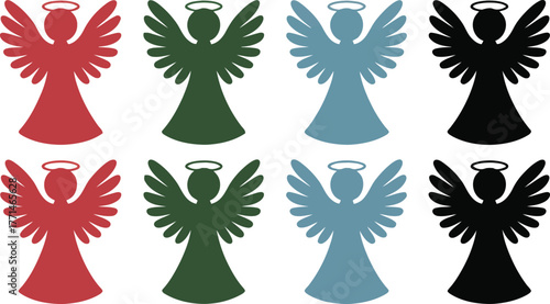 Collection of eight stylized angel silhouettes in red green blue and black