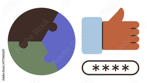 Globe formed by puzzle pieces, thumbs-up gesture, and password field. Ideal for global collaboration, approval, security, teamwork, trust compliance online identity. Simple flat metaphor