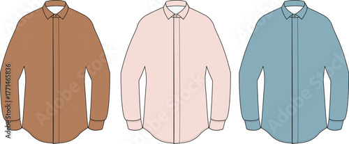 Collection of three classic long-sleeve button-up shirts in varied muted tones, perfect for versatile casual and semi-formal wear, showcasing timeless apparel design