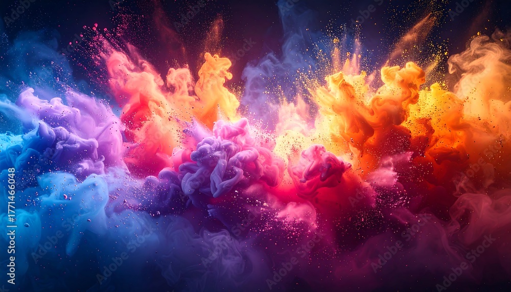 Fototapeta premium Abstract explosion of vibrant hues, blending blue, purple, orange, and red in a captivating cloud-like formation