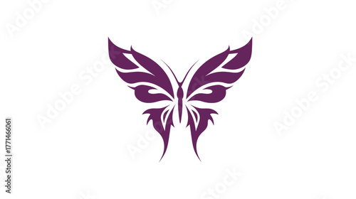 A symmetrical design featuring a stylized butterfly with detailed wings and a central body in purple