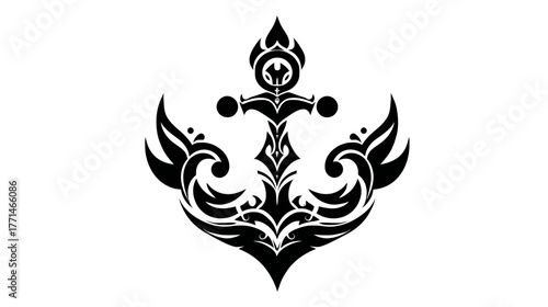 A monochrome illustration of a decorative anchor with intricate, stylized design elements