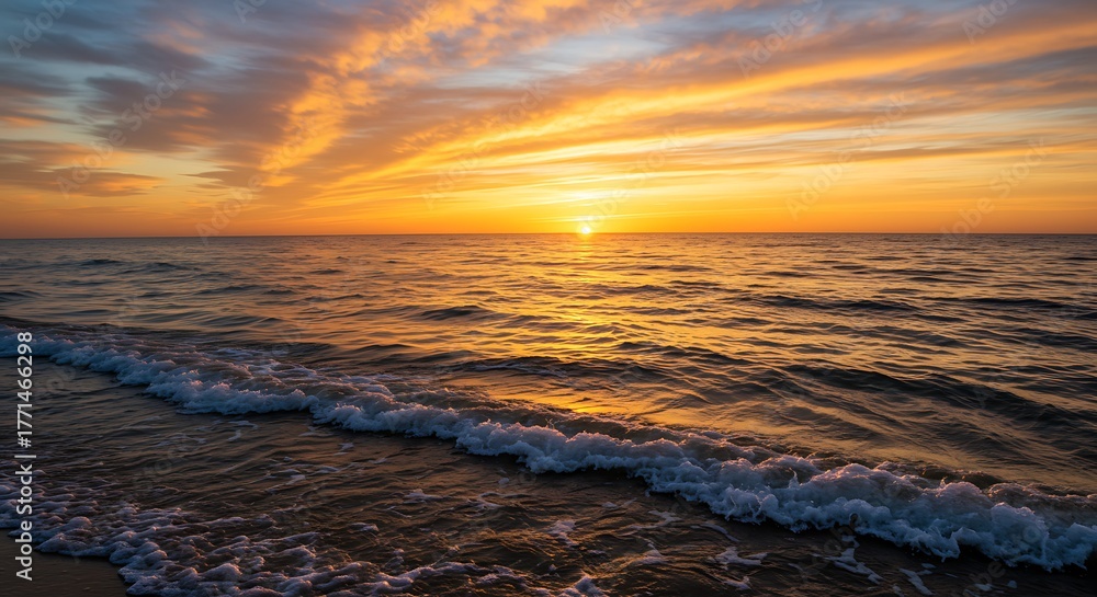 Obraz premium Sunset over the ocean with golden sky and gentle waves rolling onto the shore