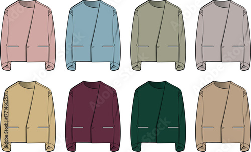 Fashion illustrations of different colored collarless jackets with asymmetrical closure and front pockets