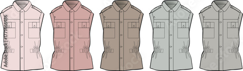 Collection of Sleeveless Button-Up Shirts in Various Earth-Tone Shades and Colors for Fashion Design