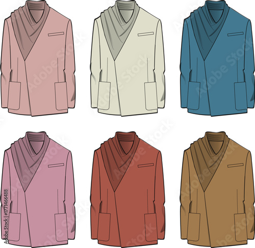 Set of Fashionable Jackets with Asymmetrical Draping in Various Colors