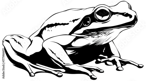 Black and white illustration of a frog in a side profile, with detailed body and eye features