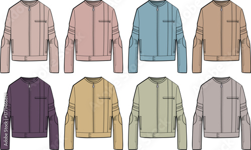 Fashion technical flat sketch of a women's cropped bomber jacket with zip front and sleeve details. Set of multiple colorway options for apparel design and clothing mockups