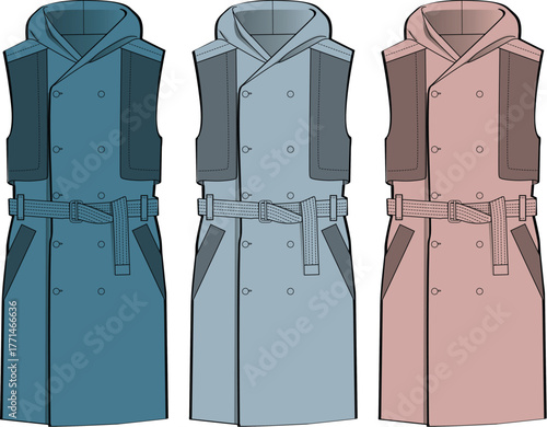 A detailed fashion technical flat sketch showcasing a modern sleeveless hooded trench coat concept in three different color variations for apparel design