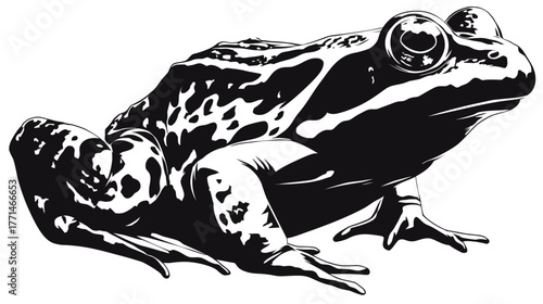 Black and white illustration of a frog in profile, showcasing its body and features