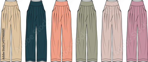 Collection of women's high-waisted pleated trousers in a colorful palette. Apparel design concept and fashion technical flat sketch for clothing