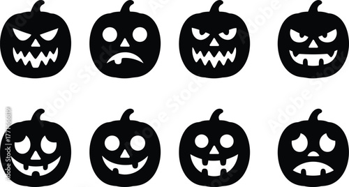 Collection of eight black silhouette jack o lantern faces with different expressions