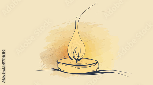 A candle with flame, placed in a small holder, over a beige background with textured effect