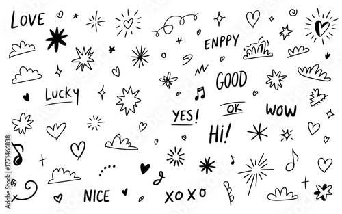 Hand Drawn Doodle Seamless Pattern with Cute Elements Hearts Stars Clouds and Positive Words Like Love Lucky Nice for Background or Fabric Print