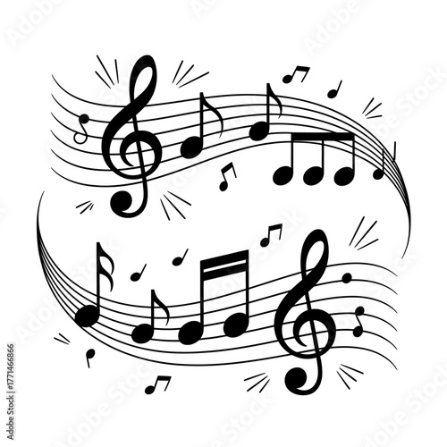 Elegant Musical Notes and Staff Lines Illustration for Creative Projects Music Themed Design with Treble Clef and Various Notes