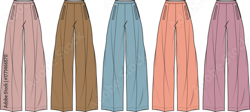 Five pairs of women's wide-leg trousers in diverse pastel and earthy colors. Flat fashion illustration, ideal for apparel design, style guides, and modern clothing concepts