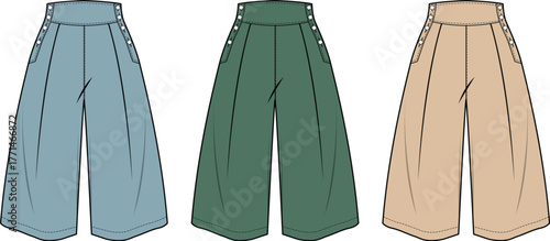Fashion technical flat sketch template of women's high-waisted wide-leg palazzo pants in three color variations