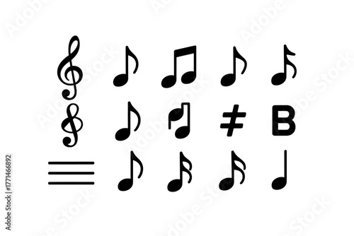 Musical Notation Symbols Collection for Music Education and Creative Design Isolated on White Background