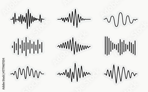 Sound wave frequency collection black and white audio signal visualization forms for digital waveform graphic design vector illustration