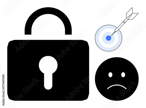 Black lock with keyhole, blue bullseye with arrow, and sad face. Ideal for cyber safety, goal failure, frustration, access, privacy emotion and security-related themes. Simple flat metaphor