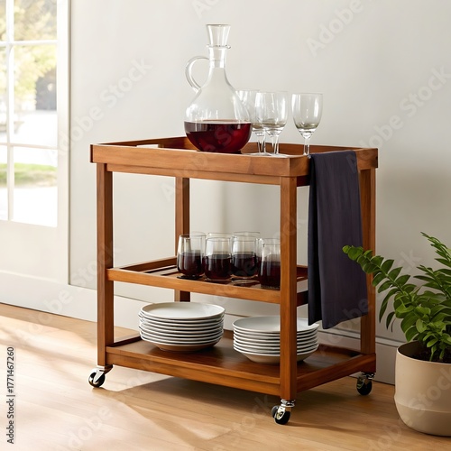 A wooden bar cart stocked with wine glasses, a decanter of red wine, and plates, ready for serving drinks and refreshments in a stylish home setting