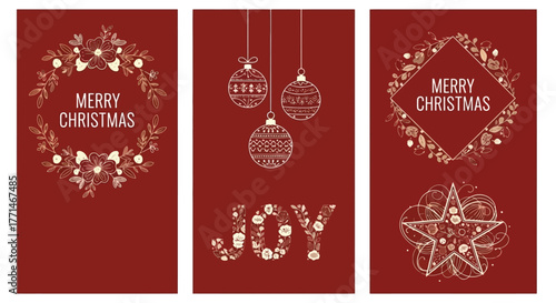 Festive Christmas Cards with Golden Floral Designs on Red Backgrounds