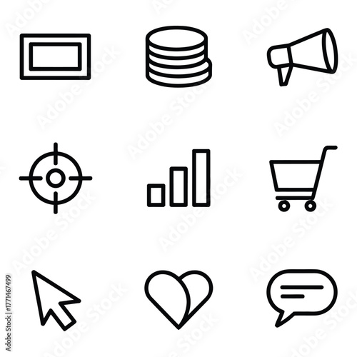 Set of nine business and marketing icons on a white background finance