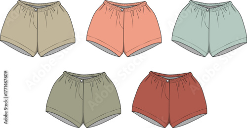 Collection of five casual shorts in various colors for everyday wear