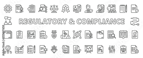 Regulatory and Compliance, icons in line design. Regulatory compliance, governance, law, policy, audit, standards, rules on white background vector. Regulatory and Compliance editable stroke icons