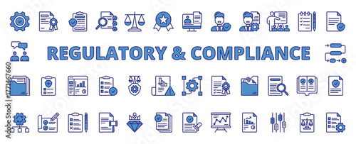 Regulatory and Compliance, icons in line design, blue. Regulatory compliance, governance, law, policy, audit, standards, rules on white background vector. Regulatory a Compliance editable stroke icons