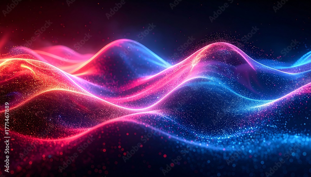 Fototapeta premium Abstract waves of glowing red and blue light particles flow in a smooth, undulating motion on a dark background