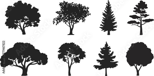 Collection of diverse tree silhouettes isolated on white background