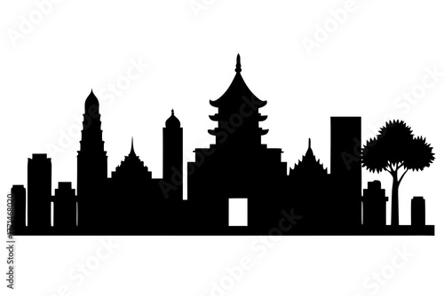 Diverse asian city skyline silhouette featuring traditional pagodas and modern buildings with a tree silhouette