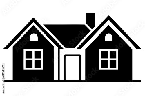 Simple black and white graphic illustration of a detached house with a chimney and two windows representing home and real estate silhouette
