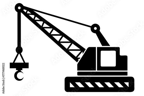 A black silhouette of a construction crane with a hook and boom extended isolated on a white background representing heavy machinery and industrial lifting operations silhouette