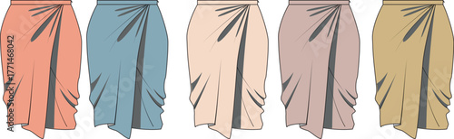 A collection of five elegant draped midi skirts presented as technical fashion flats, showcasing various contemporary pastel color options for apparel design and textile inspiration