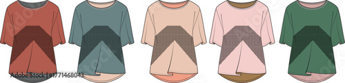 Collection of women's color block chevron tunic tops in various muted colors. Fashion flat technical drawing set for apparel design