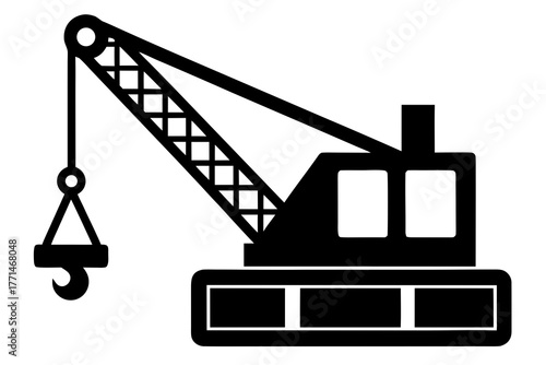A bold black silhouette of a construction crane with a hook and boom on a white background representing heavy machinery and industry silhouette