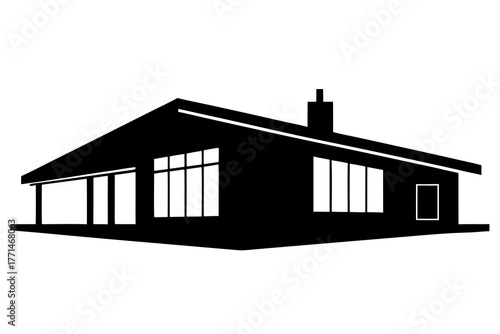 Modern single story house with large windows and a chimney depicted as a clean black silhouette on a white background symbolizing home and architecture
