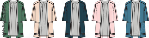 Set of five different colored women's jackets with pockets and open fronts, presented in a flat vector illustration style