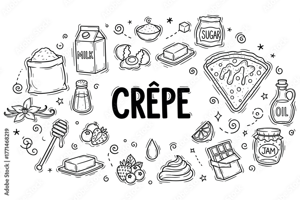 Naklejka premium Crepe ingredients and toppings in hand-drawn style with milk, sugar, butter, and fruits